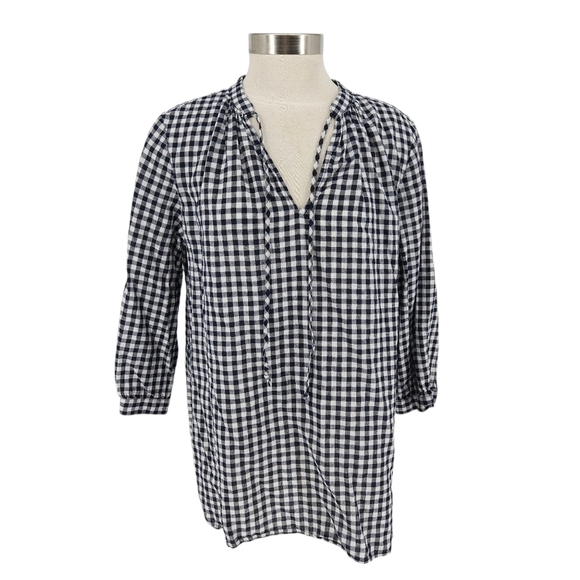 J. Crew Tops - J.CREW Tunic Shirt Linen Black Gingham 3/4 Sleeve V Neck Relaxed Fit Top Medium